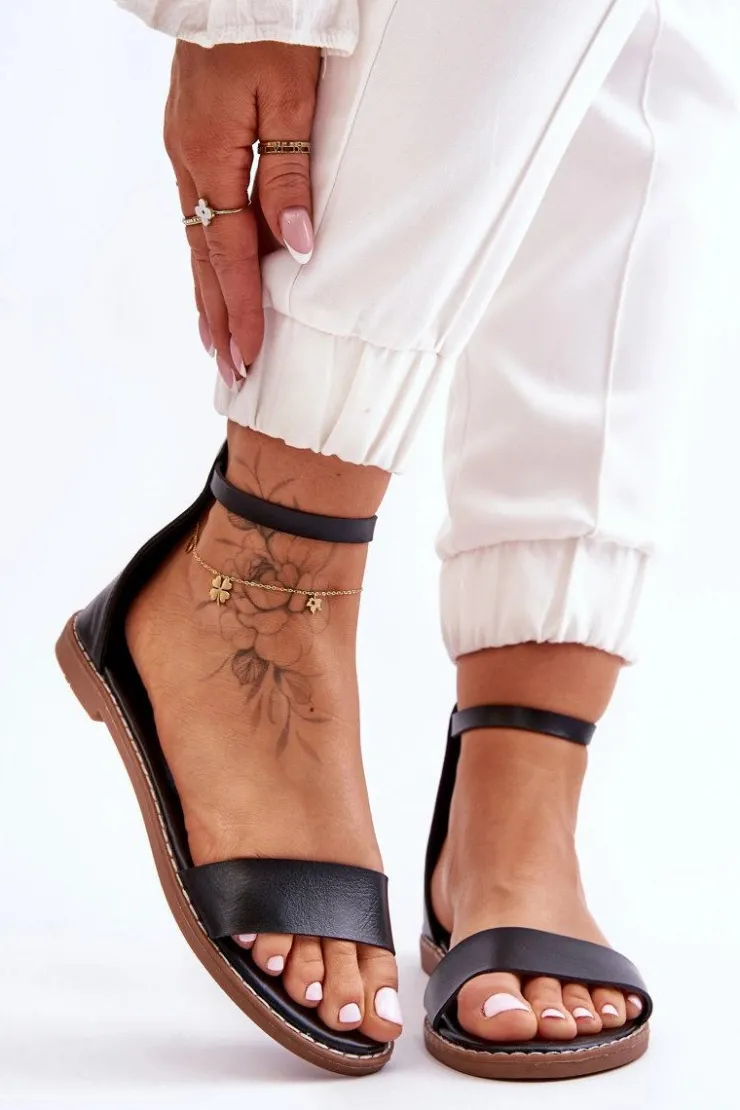 Sale Boto Skórzane Płaskie Sandały Na Zamek Czarne Millou