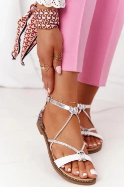 Damskie buty S.Barski Sandały Płaskie*Skórzane Płaskie Sandały S.Barski LJ281 Biało-Srebrne