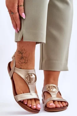 Online Damskie buty S.Barski Skórzane Płaskie Sandały S.Barski KV-5541-32 Złote