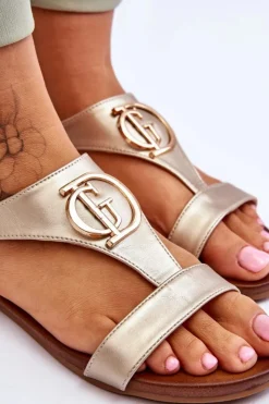 Online Damskie buty S.Barski Skórzane Płaskie Sandały S.Barski KV-5541-32 Złote