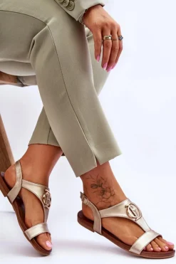 Online Damskie buty S.Barski Skórzane Płaskie Sandały S.Barski KV-5541-32 Złote