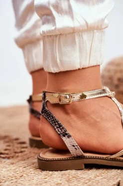 Damskie buty S.Barski Sandały Płaskie*Skórzane Płaskie Sandały S.Barski LJ281 Beżowo-Złote