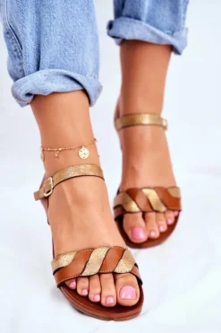 Damskie Damskie buty S.Barski Skórzane Płaskie Sandały S.Barski Brązowo-Złote