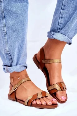 Damskie Damskie buty S.Barski Skórzane Płaskie Sandały S.Barski Brązowo-Złote