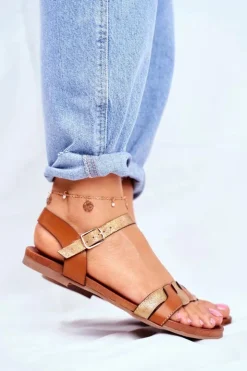 Damskie Damskie buty S.Barski Skórzane Płaskie Sandały S.Barski Brązowo-Złote