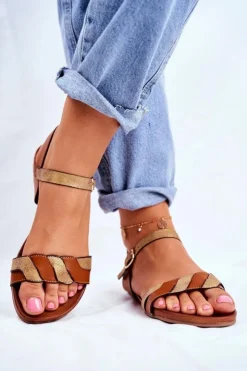 Damskie Damskie buty S.Barski Skórzane Płaskie Sandały S.Barski Brązowo-Złote