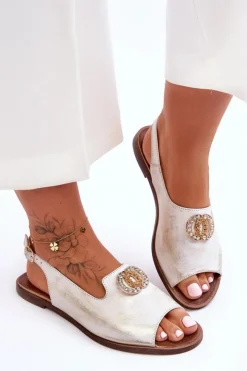 Boto Sandały Płaskie*Skórzane Płaskie Sandały Z Ozdobą Nicole 2744/004 Biało-Złote