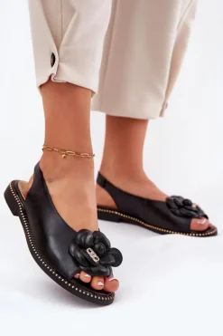 Damskie CheBello Skórzane Płaskie Sandały Z Ozdobą 4642 Czarne