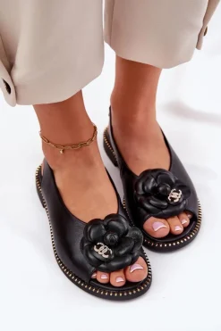 Damskie CheBello Skórzane Płaskie Sandały Z Ozdobą 4642 Czarne
