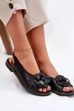 Damskie CheBello Skórzane Płaskie Sandały Z Ozdobą 4642 Czarne