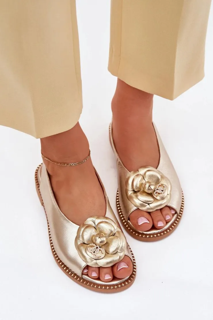 Damskie CheBello Skórzane Płaskie Sandały Z Ozdobą 4642 Złote