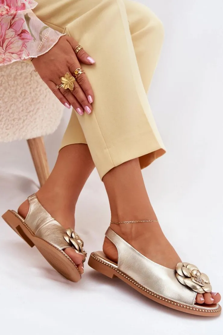 Damskie CheBello Skórzane Płaskie Sandały Z Ozdobą 4642 Złote