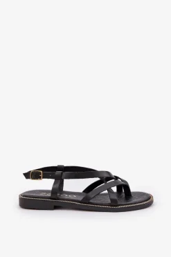 Online Zazoo Skórzane Płaskie Sandały Z Przeplatającymi Się Paseczkami 40429 Czarne Czarny