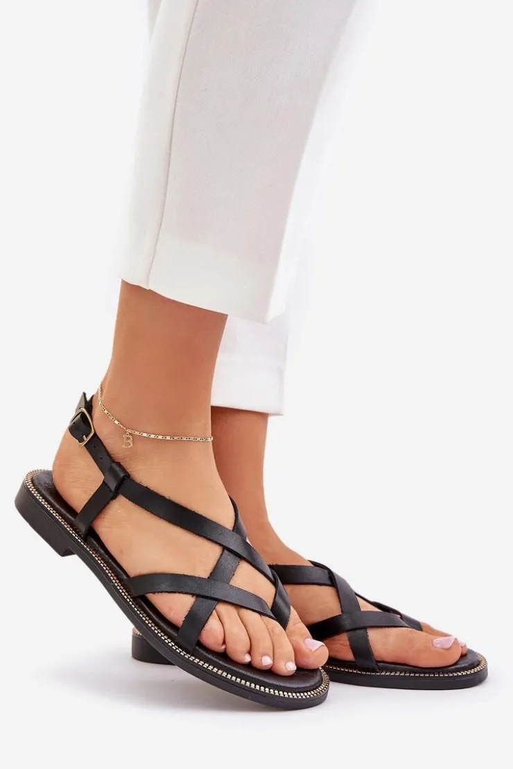 Online Zazoo Skórzane Płaskie Sandały Z Przeplatającymi Się Paseczkami 40429 Czarne Czarny