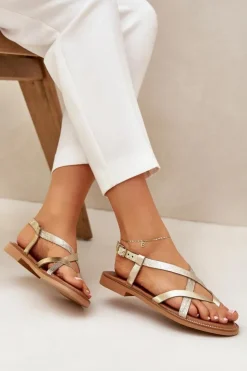 Zazoo Sandały Płaskie*Skórzane Płaskie Sandały Z Przeplatającymi Się Paseczkami 40429 Złote Złoty