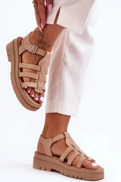 Online Boto Skórzane Płaskie Sandały Z Paseczkami Beżowe Diosa