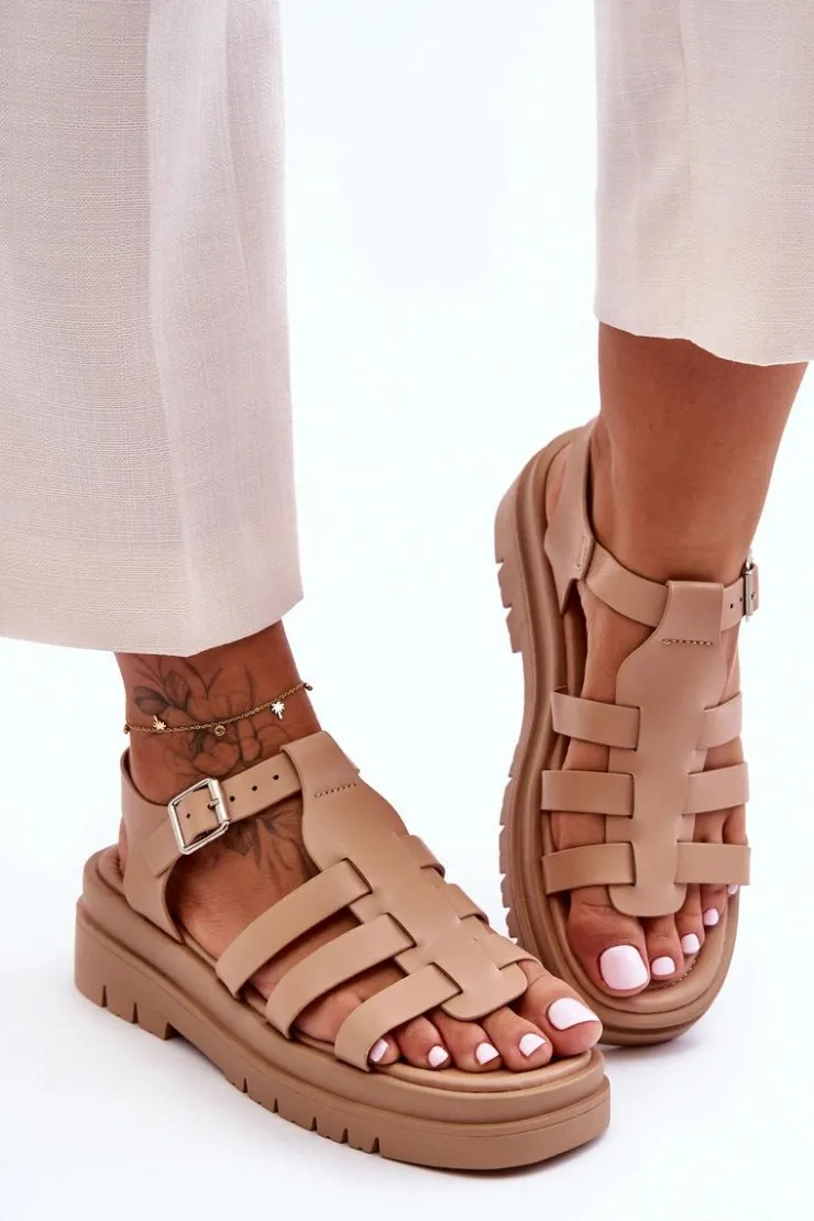 Online Boto Skórzane Płaskie Sandały Z Paseczkami Beżowe Diosa