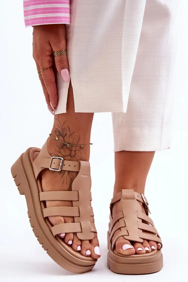 Online Boto Skórzane Płaskie Sandały Z Paseczkami Beżowe Diosa