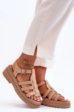 Online Boto Skórzane Płaskie Sandały Z Paseczkami Beżowe Diosa