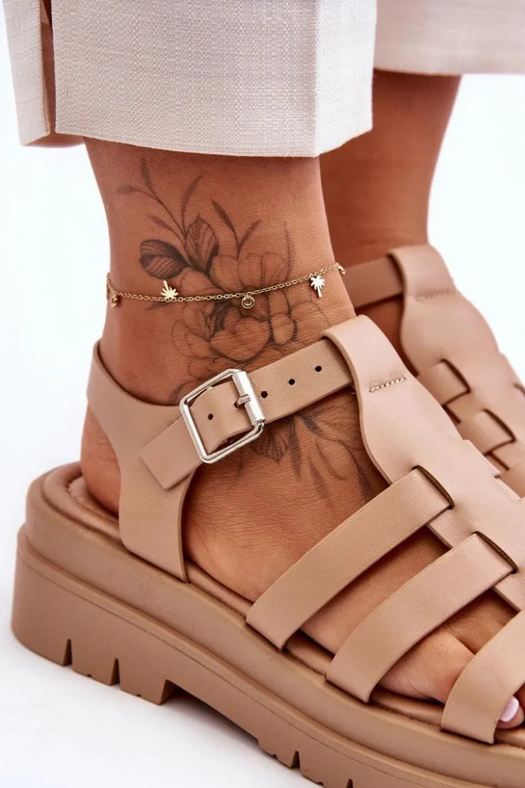 Online Boto Skórzane Płaskie Sandały Z Paseczkami Beżowe Diosa