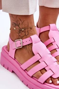 Clearance Boto Skórzane Płaskie Sandały Z Paseczkami Różowe Diosa