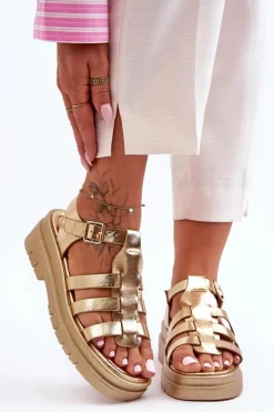 Damskie Boto Skórzane Płaskie Sandały Z Paseczkami Złote Diosa