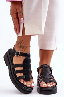 Damskie Boto Skórzane Płaskie Sandały Z Paseczkami Czarne Diosa