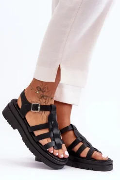 Damskie Boto Skórzane Płaskie Sandały Z Paseczkami Czarne Diosa