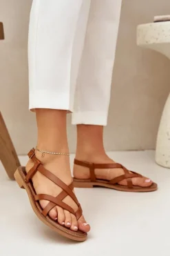 Damskie Zazoo Skórzane Płaskie Sandały Z Przeplatającymi Się Paseczkami 40429 Brązowe