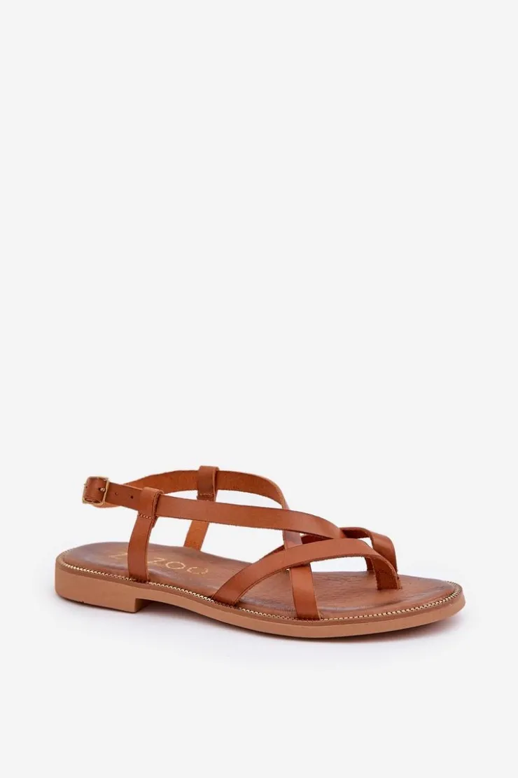 Damskie Zazoo Skórzane Płaskie Sandały Z Przeplatającymi Się Paseczkami 40429 Brązowe