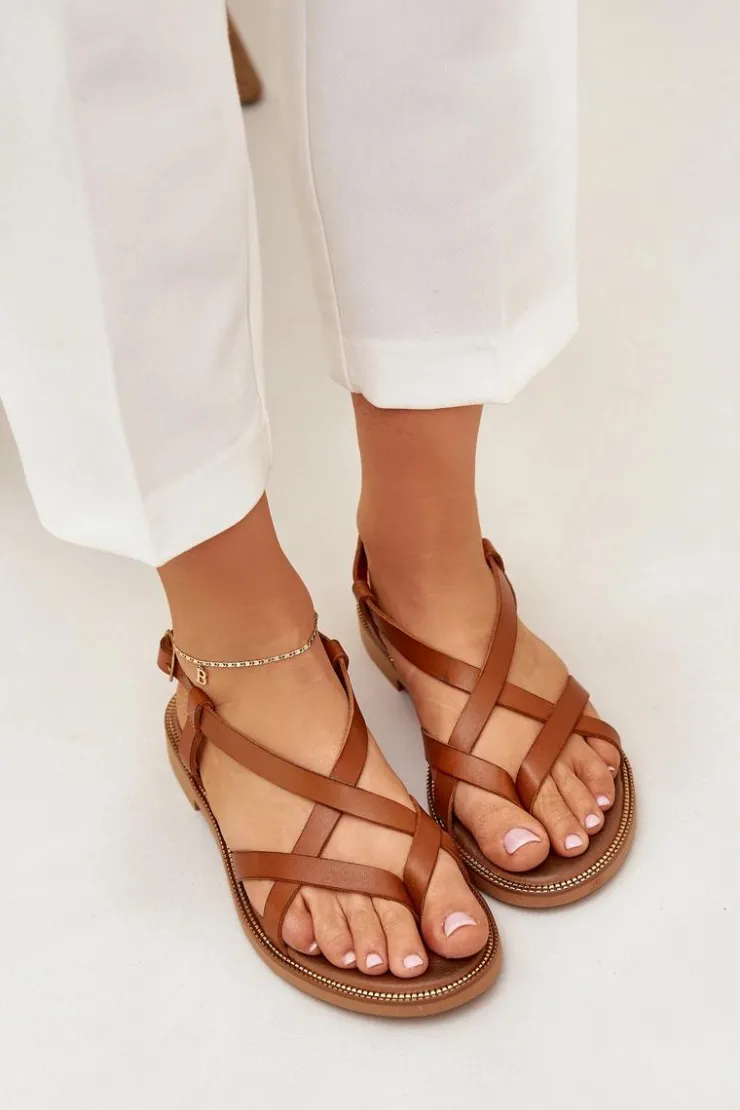 Damskie Zazoo Skórzane Płaskie Sandały Z Przeplatającymi Się Paseczkami 40429 Brązowe