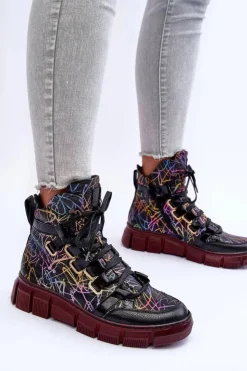 Maciejka Botki Maciejka|Botki Płaskie*Skórzane Płaskie Sznurowane Botki 06158-01 Czarne