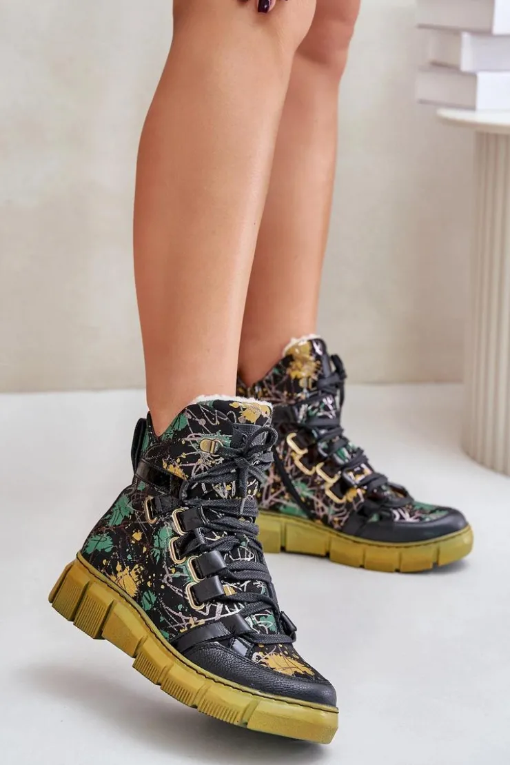 New Maciejka Skórzane Płaskie Sznurowane Botki 06158-07 Żółto-Czarne Złoty