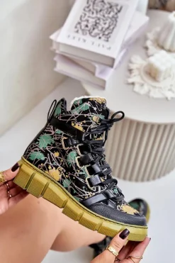 New Maciejka Skórzane Płaskie Sznurowane Botki 06158-07 Żółto-Czarne Złoty