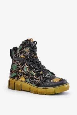 New Maciejka Skórzane Płaskie Sznurowane Botki 06158-07 Żółto-Czarne Złoty