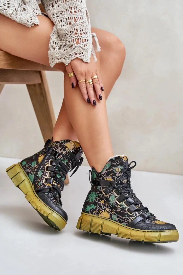 New Maciejka Skórzane Płaskie Sznurowane Botki 06158-07 Żółto-Czarne Złoty