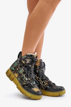 New Maciejka Skórzane Płaskie Sznurowane Botki 06158-07 Żółto-Czarne Złoty