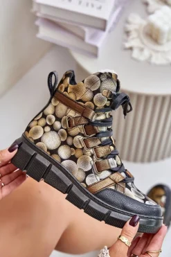 Damskie Maciejka Skórzane Płaskie Sznurowane Botki 06158-25 Złote