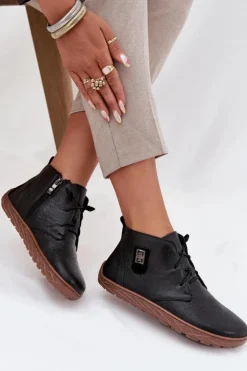 Zazoo Półbuty Skórzane|Barefoot*Skórzane Półbuty Barefoot Damskie Z Ozdobnym Detalem 30072 Czarne Czarny