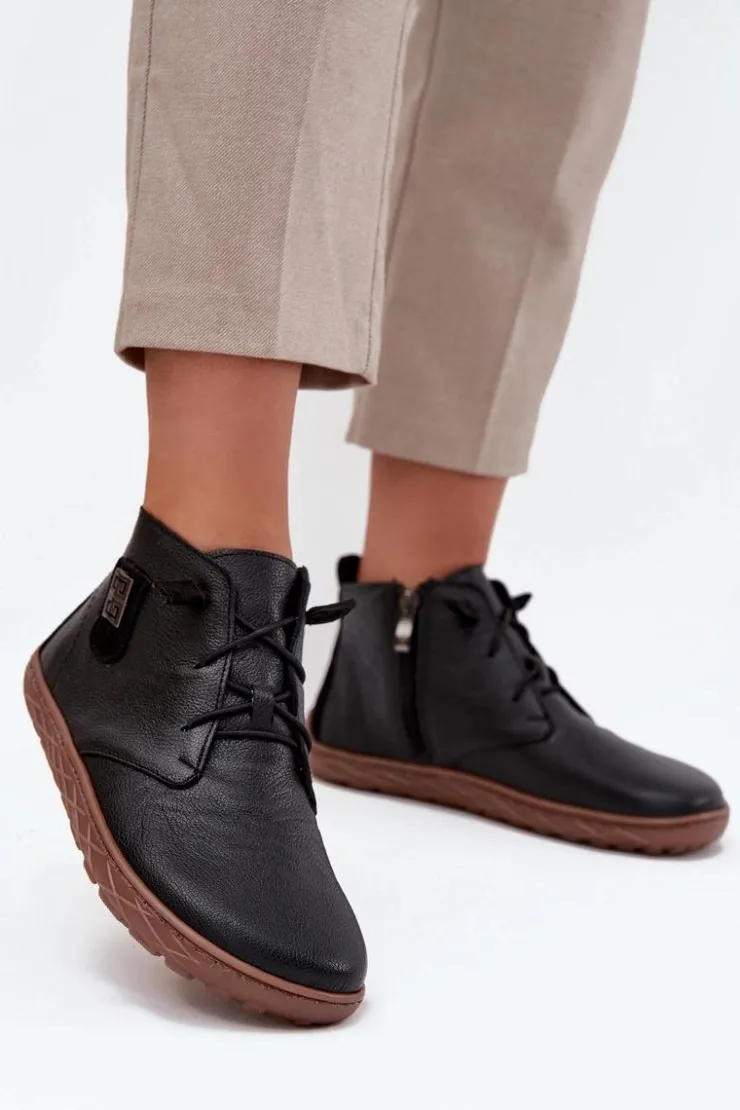 Zazoo Półbuty Skórzane|Barefoot*Skórzane Półbuty Barefoot Damskie Z Ozdobnym Detalem 30072 Czarne Czarny