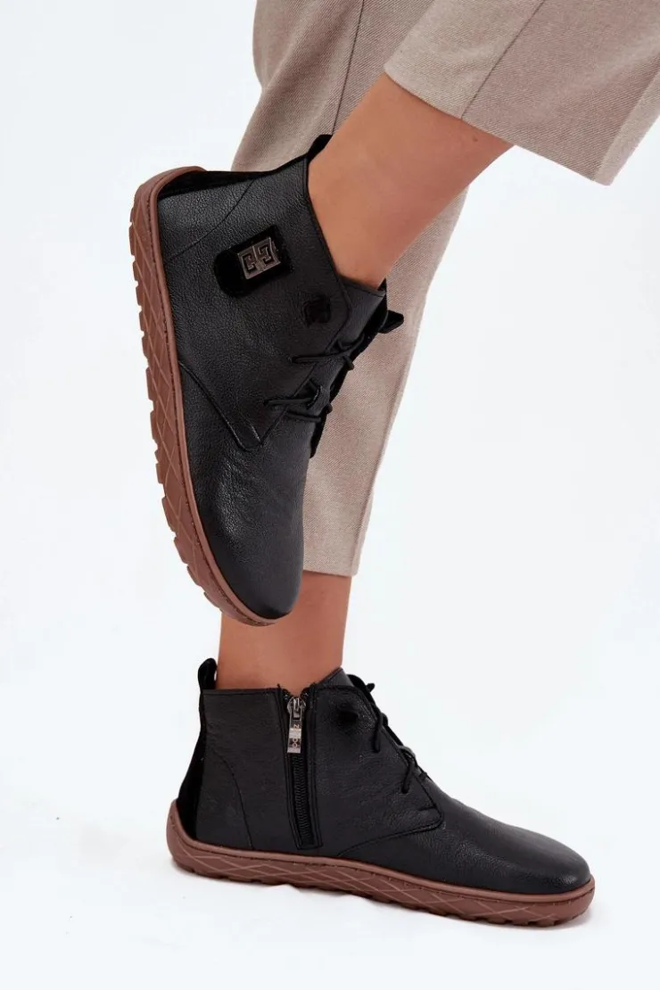 Zazoo Półbuty Skórzane|Barefoot*Skórzane Półbuty Barefoot Damskie Z Ozdobnym Detalem 30072 Czarne Czarny