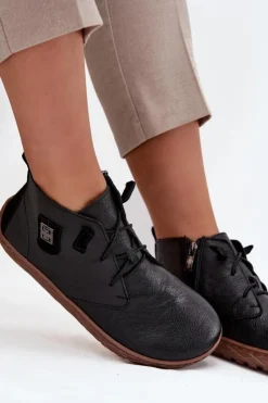 Zazoo Półbuty Skórzane|Barefoot*Skórzane Półbuty Barefoot Damskie Z Ozdobnym Detalem 30072 Czarne Czarny