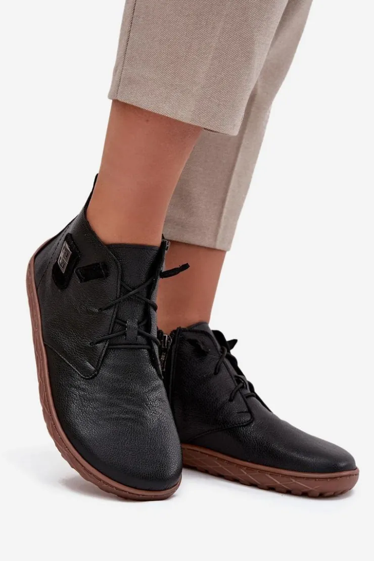 Zazoo Półbuty Skórzane|Barefoot*Skórzane Półbuty Barefoot Damskie Z Ozdobnym Detalem 30072 Czarne Czarny