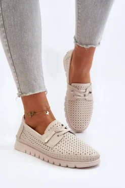 Outlet Buty damskie Vinceza Skórzane Półbuty Damskie Ażurowe Beżowe Darnissa