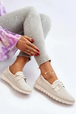 Outlet Buty damskie Vinceza Skórzane Półbuty Damskie Ażurowe Beżowe Darnissa