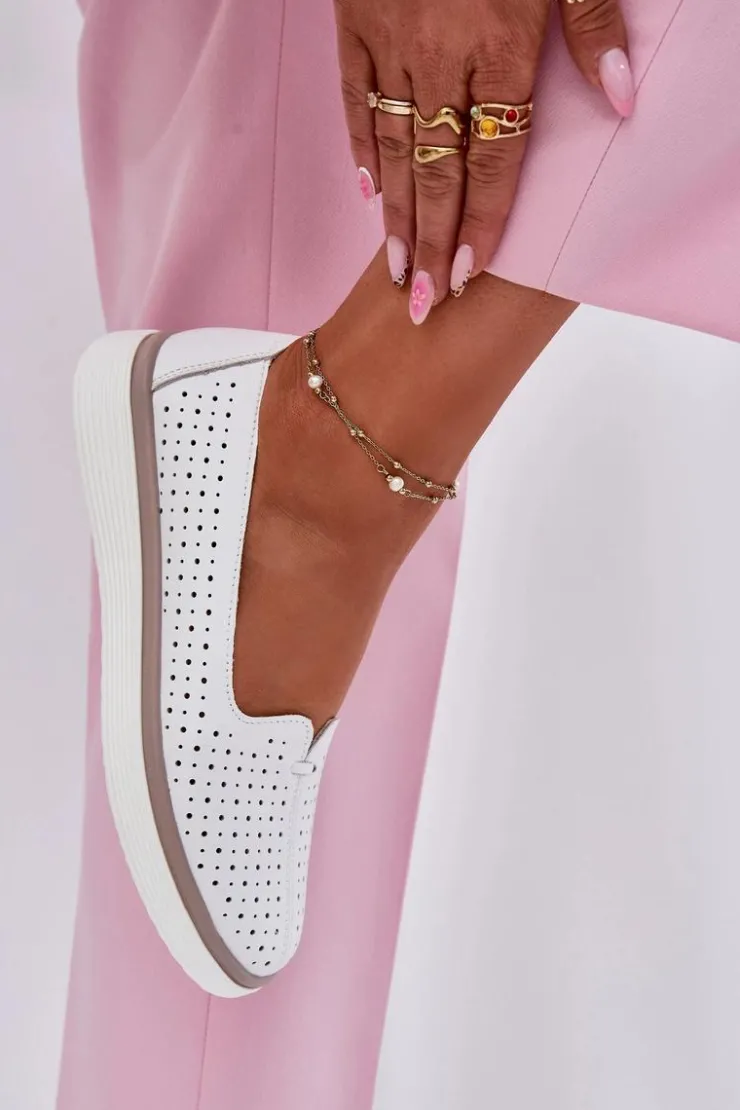 Hot Evento Skórzane Półbuty Damskie Białe Liaruna