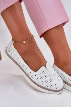 Hot Evento Skórzane Półbuty Damskie Białe Liaruna