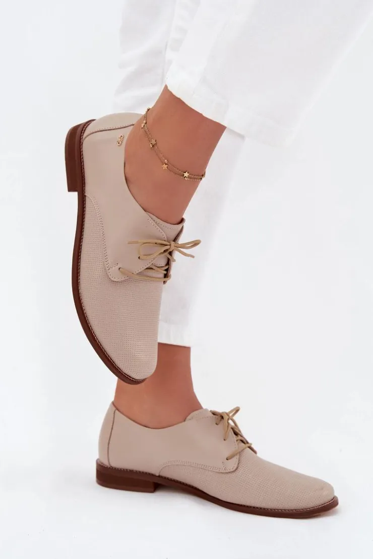 Zazoo Półbuty Skórzane*Skórzane Półbuty Damskie Eleganckie Sznurowane 4238 Beżowe Beżowy