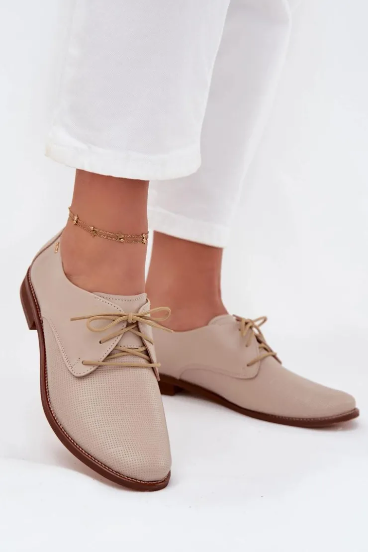 Zazoo Półbuty Skórzane*Skórzane Półbuty Damskie Eleganckie Sznurowane 4238 Beżowe Beżowy