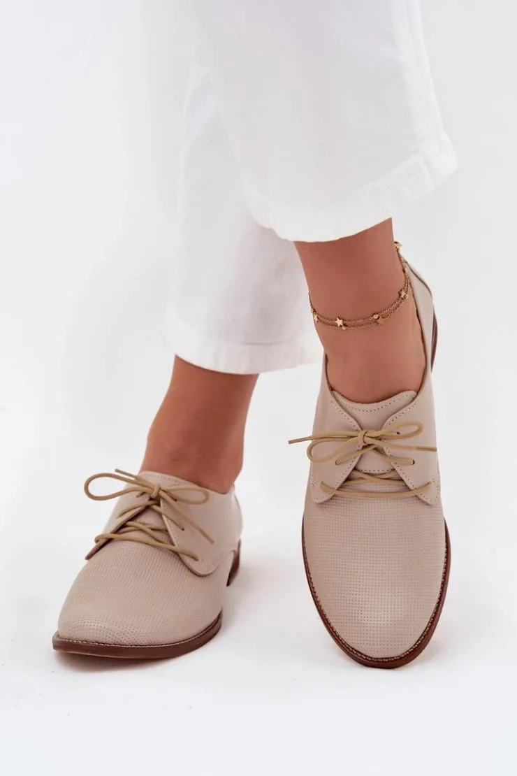 Zazoo Półbuty Skórzane*Skórzane Półbuty Damskie Eleganckie Sznurowane 4238 Beżowe Beżowy